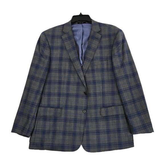 Enzo Tovare Blazer Mens 46R Gray Blue Windowpane Plaid 2 Button Sport Coat Wool - Picture 1 of 16